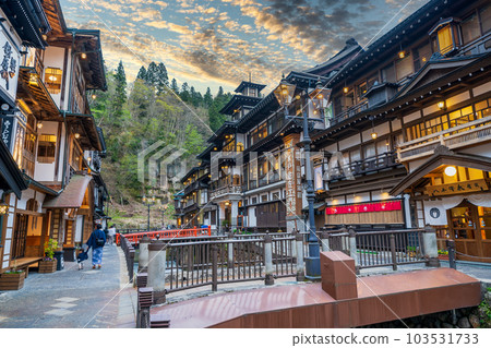 "Yamagata Prefecture" Ginzan Onsen, a hot spring town in the evening "Yamagata Prefecture" Ginzan Onsen, a hot spring town in the evening 103531733