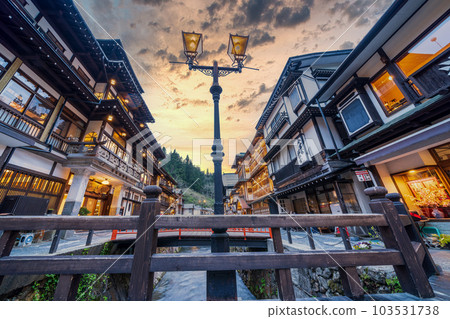 "Yamagata Prefecture" Ginzan Onsen, a hot spring town in the evening "Yamagata Prefecture" Ginzan Onsen, a hot spring town in the evening 103531738