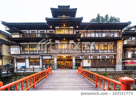 "Yamagata Prefecture" Ginzan Onsen, a hot spring town in the evening 103531773