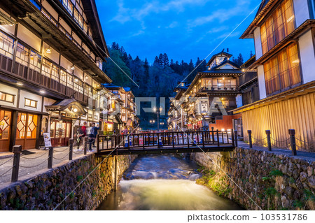 "Yamagata Prefecture" Ginzan Onsen, a hot spring town in the evening "Yamagata Prefecture" Ginzan Onsen, a hot spring town in the evening 103531786