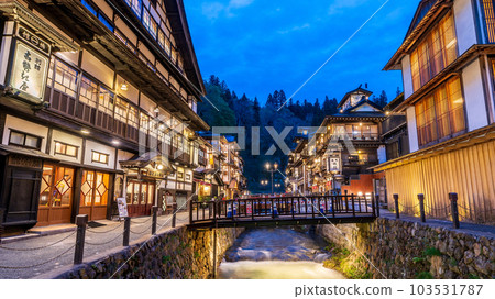 "Yamagata Prefecture" Ginzan Onsen, a hot spring town in the evening 103531787