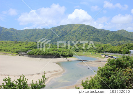 Oki beach surrounded by sea, mountains, rivers, sky and nature 103532050