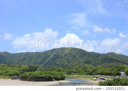 Oki beach surrounded by sea, mountains, rivers, sky and nature 103532051