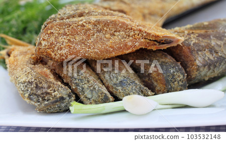 Closeup of uncooked preserved Ilish fish with vegetables 103532148