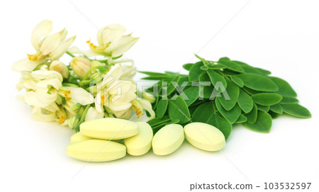 Moringa leaves and flower with pills Moringa leaves and flower with pills 103532597