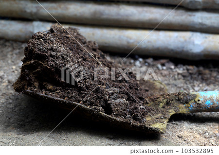 Closeup of cow manure with shovel 103532895