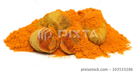 Pile of dried and ground turmeric 103533286