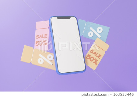 Super simple card communication smart hand machine blank white banner, folded ticket floating on purple background, promotional fee 50% return, online shopping concept 103533446