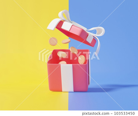 卡通驚喜禮盒或打開禮品盒硬幣漂浮在黃色和藍色背景上 103533450