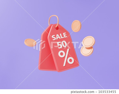 Red label price chart, 50% coin fold offer coupons on floating purple background, special promotions, online shopping concept Red label price chart, 50% coin fold offer coupons on floating purple background, special promotions, online shopping concept 103533455