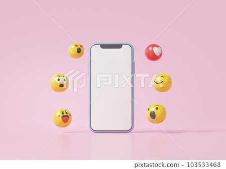 可比智能手機白屏社交媒體數字線概念、面部表情標記、心形、微笑漂浮在紅色背景上 103533468