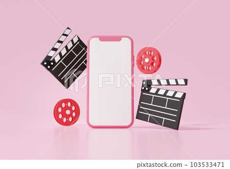 Film clapboard, passing intelligent hand machine white curtain progress creative visual editing, floating scroll on powder red background, simple card, wide width, visual diary 103533471