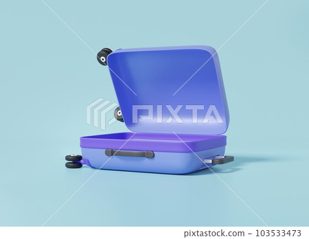 An open purple suitcase travel tourism plane trip plan world travel sky blue pastel background An open purple suitcase travel tourism plane trip plan world travel sky blue pastel background 103533473