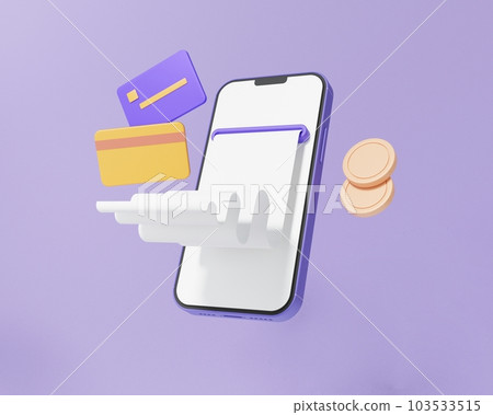 Bank payment terms on the network, bank payment on the line, payment book on the line, floating coins on the Japanese purple background, exchange card concept 103533515