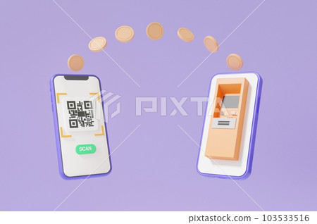 Scan two mobile phone apps atm bank payment transfer via QR code with coins floating on purple background 103533516