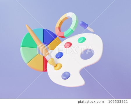 Pipette tool picks up color palette with paintbrush floating on purple background colorful creative artwork painting education concept 103533521