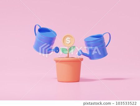 On the background of powdery red color, planting seedlings in pots, bonsai trees, planting coins, beauty of commercial profits, investment, financial education, income and savings 103533522