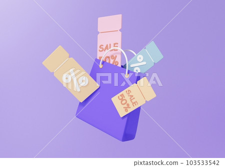 Shopping bag and folded ticket on floating purple background, promotional discount 50% cash return, concept of online shopping Shopping bag and folded ticket on floating purple background, promotional discount 50% cash return, concept of online shopping 103533542