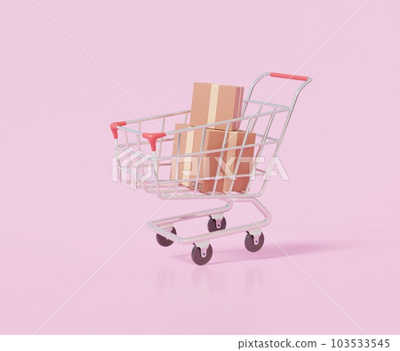 Shopping cart with parcel delivery parcel box on pink background trolley logistics transportation service concept 103533545