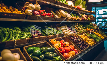 fresh organic vegetables from the farmer on the store shelf, made with Generative AI 103534302