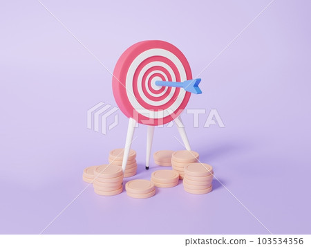 Stacked coins Japanese bow, archery hand goal setting equidistant, wish landscape, corporate financial growth on purple background 103534356
