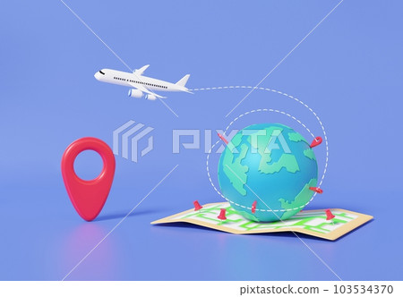 旅行飛機旅行計劃全球旅行地圖針地球位置紫色背景。暑假概念 旅行飛機旅行計劃全球旅行地圖針地球位置紫色背景。暑假概念 103534370