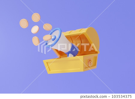 帶揚聲器擴音器的寶箱，紫色背景上帶浮動硬幣的寶箱 103534375