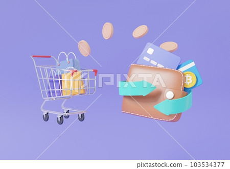 手推車或購物車錢袋和信用卡專用，硬幣浮動轉移購買袋，購買取款概念 103534377