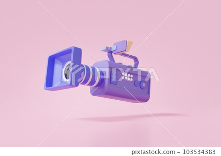 浮粉紅色背景上的複古電影攝影機。工作室工作室理念 103534383