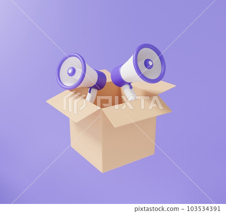 打開帶有巨大電話鼓風機電話或浮動紫色背景的包裝盒。購物送貨物流 打開帶有巨大電話鼓風機電話或浮動紫色背景的包裝盒。購物送貨物流 103534391