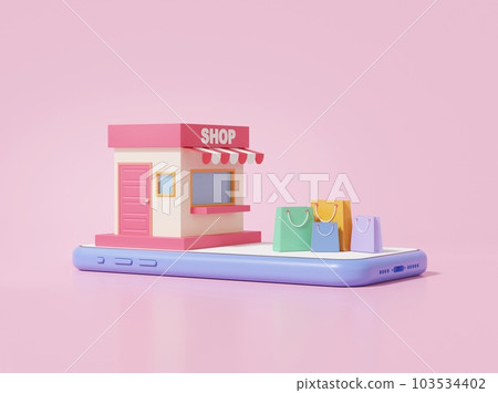 The concept of shopping at the beginning of the process of applying a hand machine to a Japanese shopping bag. powder red background, equidistant, folded, promotional, page, network 103534402