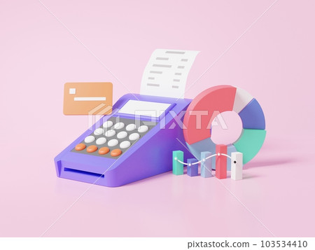 Cartoon credit card bill payment pos terminal with graph growth on pink background. Business finance payment online shopping transaction 103534410