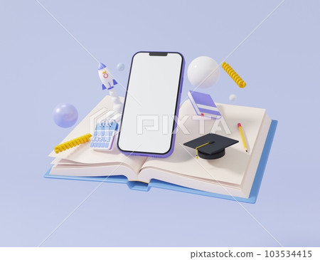 Cartoon graduation cap and open book with smartphone touching white screen writing learning online education concept Cartoon graduation cap and open book with smartphone touching white screen writing learning online education concept 103534415