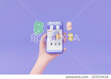 超級簡單的卡片手搖購物車，購物車，優惠券，紫粉背景漂浮的虛擬硬幣 103534416
