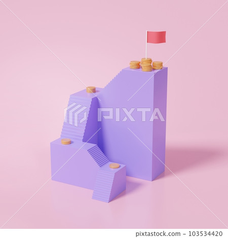 Cartoon isometric purple staircase with stacked coins profit strategy step by step growth financial business 103534420