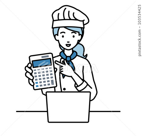 A female cook sitting at her desk, opening her laptop, pointing at a calculator, and showing it to us 103534425