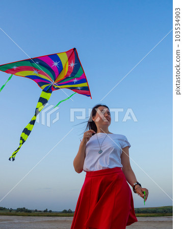 Colored kite against blue sky at sunset 103534903