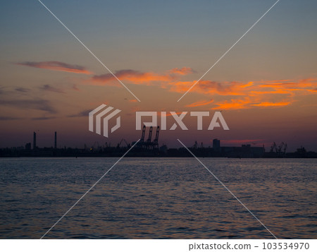 black sea port Odesa, Ukraine with a lot of cranes, cabins, boxes and tanks 103534970