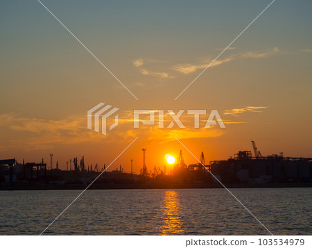 black sea port Odesa, Ukraine with a lot of cranes, cabins, boxes and tanks 103534979