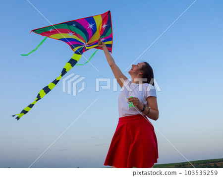 Colored kite against blue sky at sunset Colored kite against blue sky at sunset 103535259