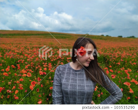 Smiling woman in a long gray dress standing on the red poppy field Smiling woman in a long gray dress standing on the red poppy field 103535290