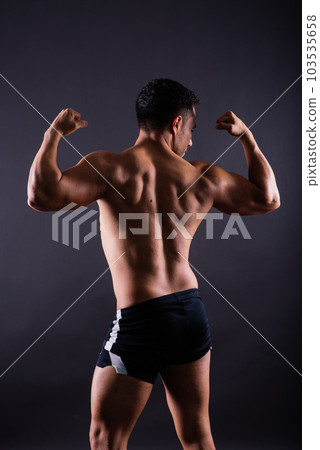 Muscular shirtless young man standing confident, front view, looking at camera Muscular shirtless young man standing confident, front view, looking at camera 103535658