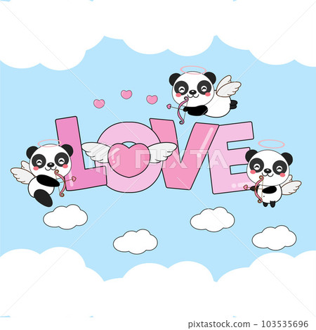 Cute Panda Cupids fly in the clouds with heart and Love text.Illustration for Valentines day design. Cute Panda Cupids fly in the clouds with heart and Love text.Illustration for Valentines day design. 103535696