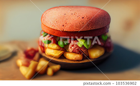 Hamberger with egg on a wooden background. Fast food, takeaway.Generative AI. Hamberger with egg on a wooden background. Fast food, takeaway.Generative AI. 103536902