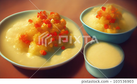 Tapioca pudding with mango puree on a table background. Generative AI. Tapioca pudding with mango puree on a table background. Generative AI. 103536903