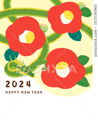 New Year's card 2024 Design Illustration Camellia and Dragon Year of the Dragon Vertical composition 103536960