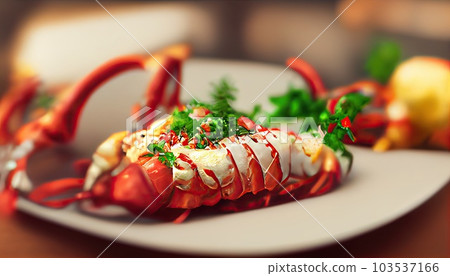 Lobster with flavored butter. Herb butter, lemon. Delicious healthy traditional food closeup served for lunch in modern gourmet cuisine restaurant. Generative AI. 103537166