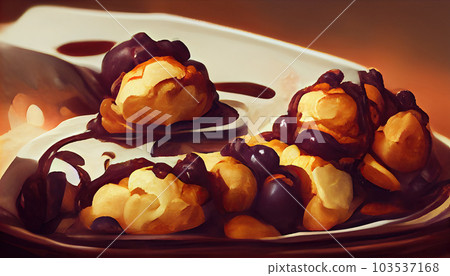 Delicious profiteroles with chocolate on plate. Selective focus image on light background. Generative AI 103537168