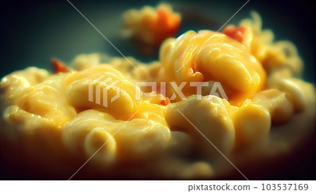 Mac and cheese, american style macaroni pasta with cheesy sauce and crunchy breadcrumbs topping on wood table, top view. Generative AI 103537169