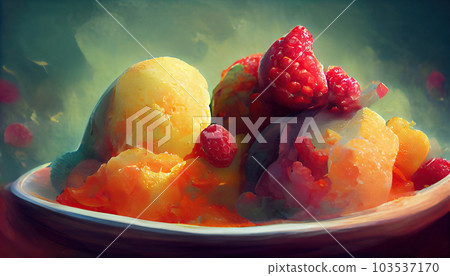 bowl of ice cream and berry fruit. Generative AI 103537170